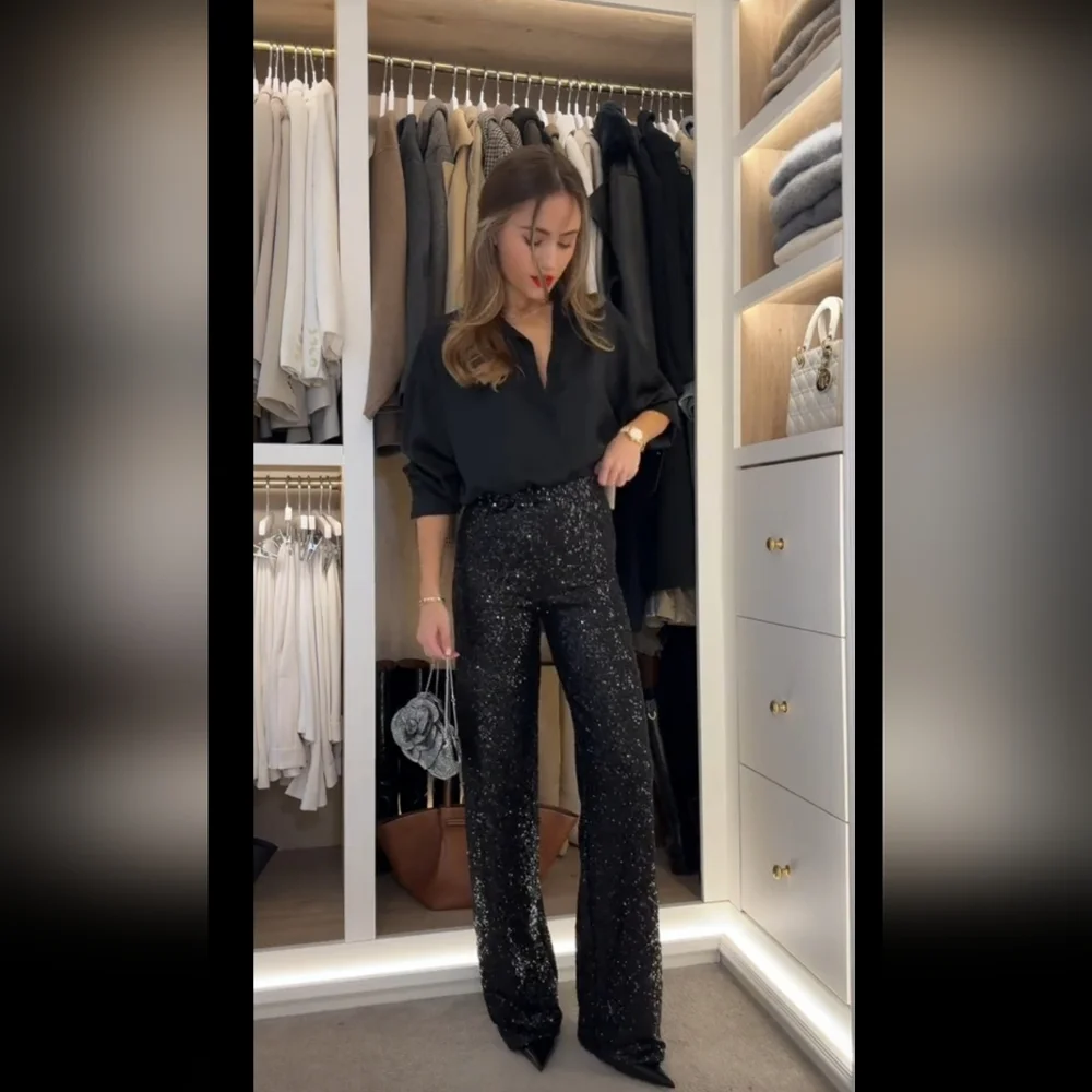 Zara Flared Sequin Pants Size Black